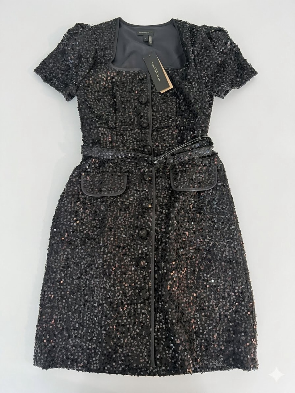 Donna Karan Black Sequin Square Neck Belted Cocktail Dress